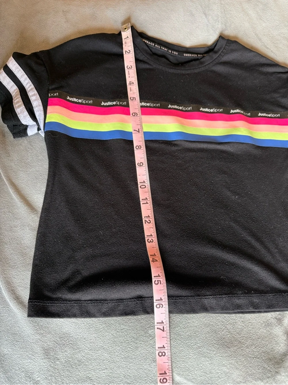 Justice black tee with rainbow stripe